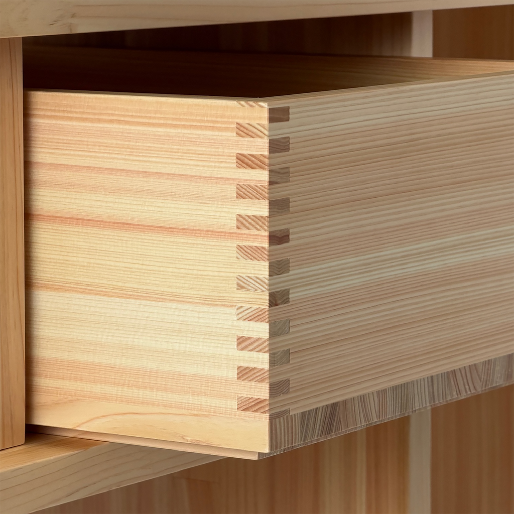 Close-up of a wooden drawer with dovetail joint