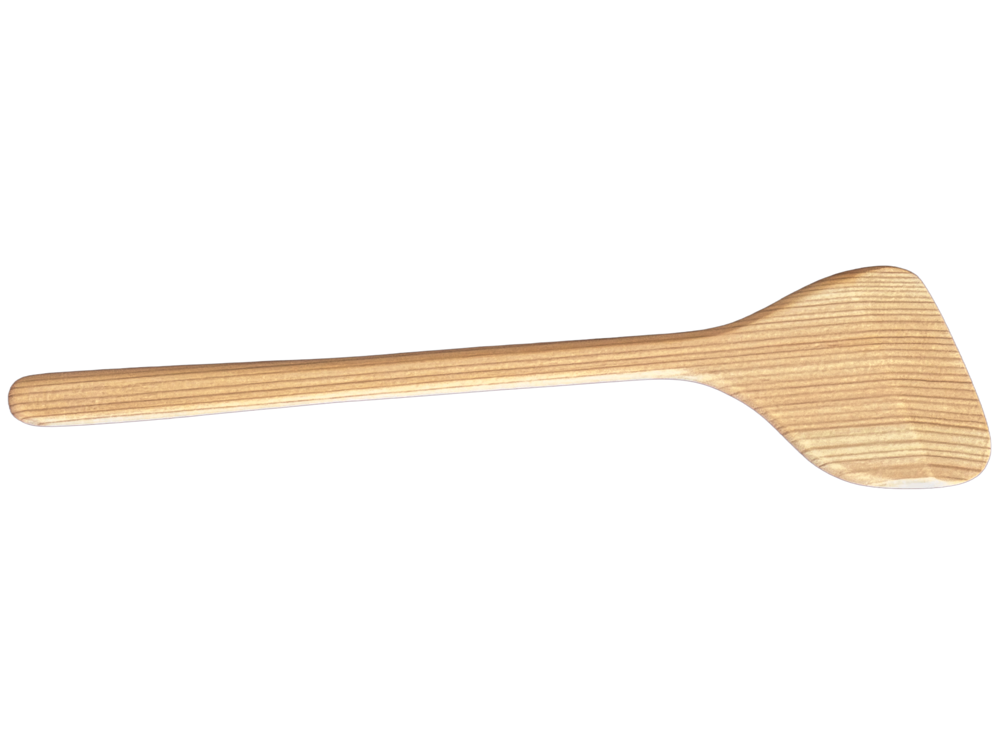 A light natural wood serving spoon with a long handle and a wide, slightly curved head, shown against a plain white background.