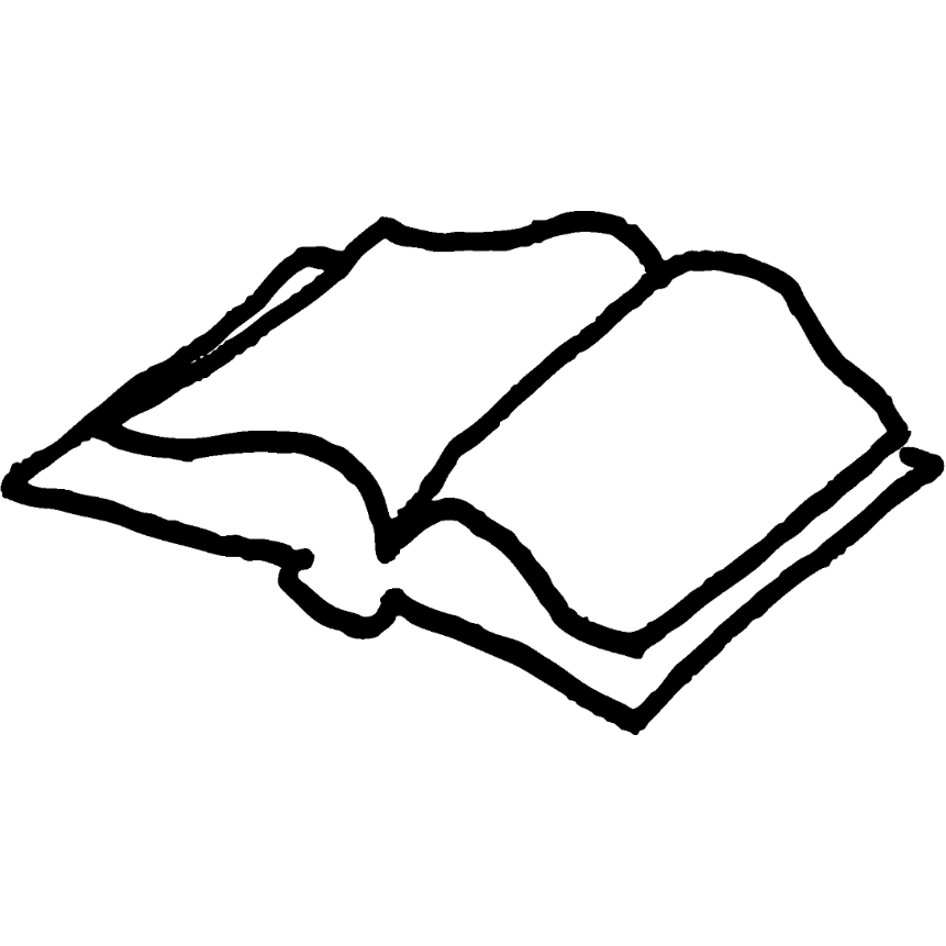 Black line drawing of an open book on a white background