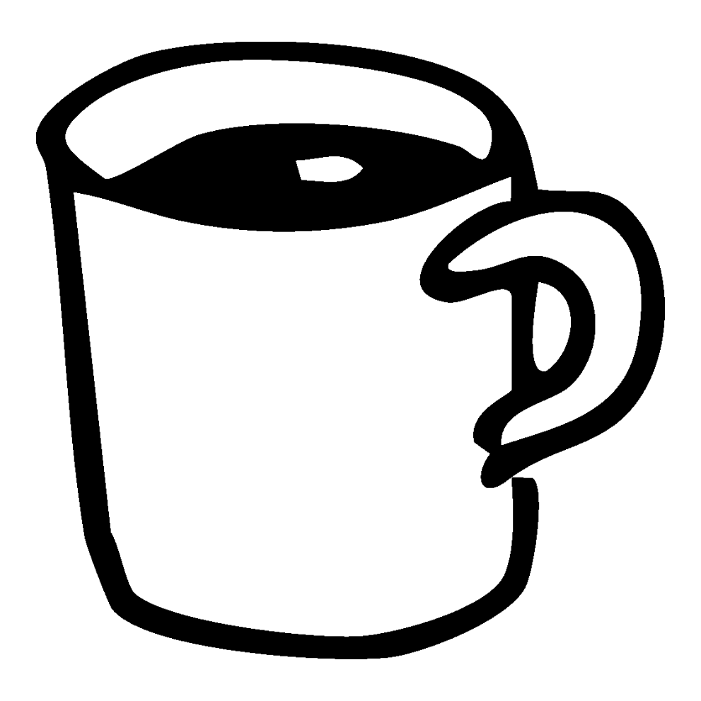Black line drawing of a coffee cup on a white background